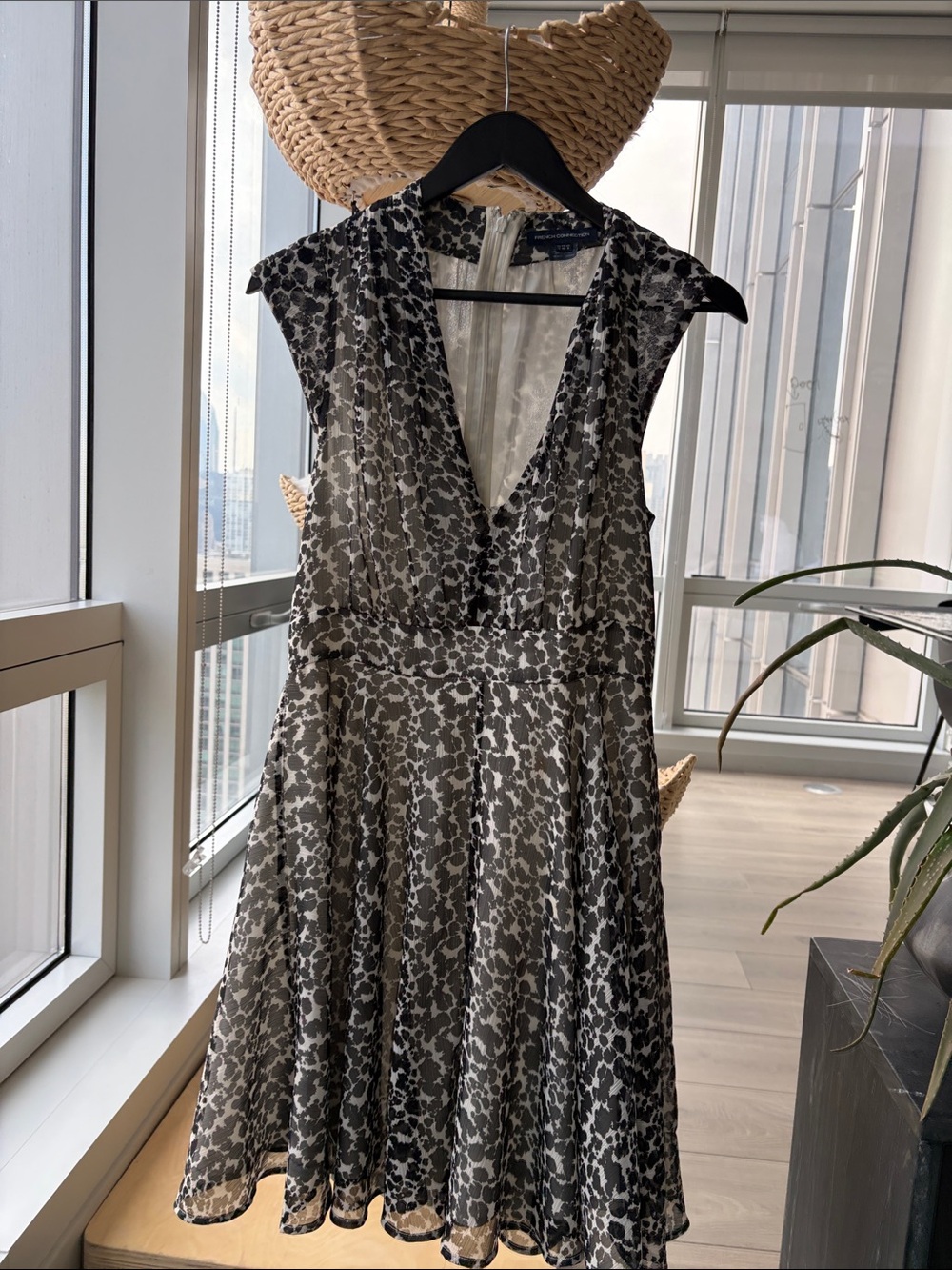 French Connection Black & White Printed V-Neck Mini Dress